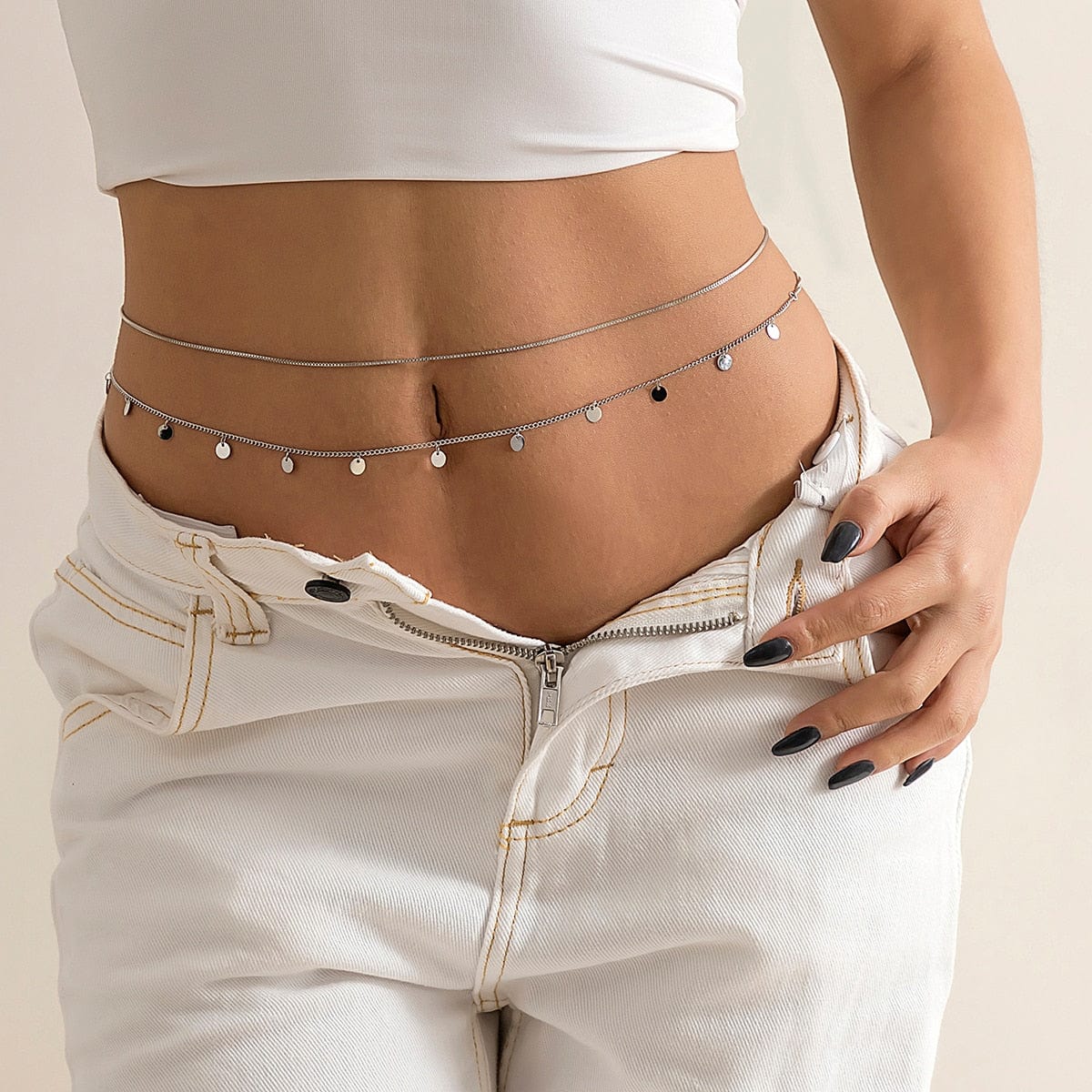 Zomerse Belly Chain Met Kleine Ronde Zilvere Steentjes