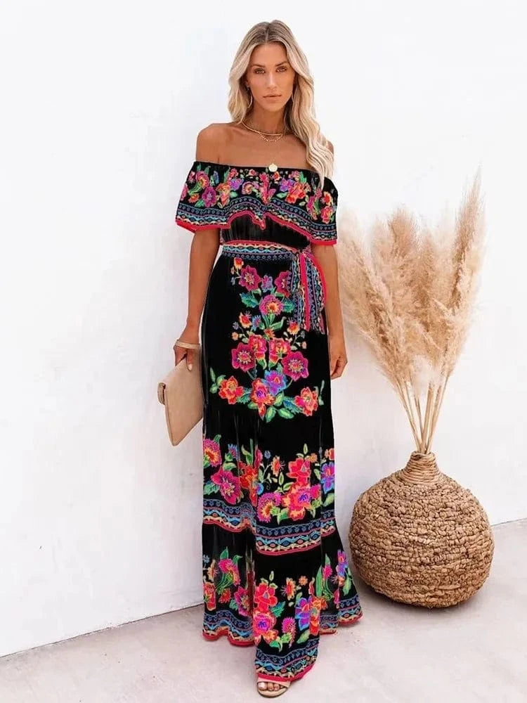 Zwarte ibiza jurk met bloemenprint